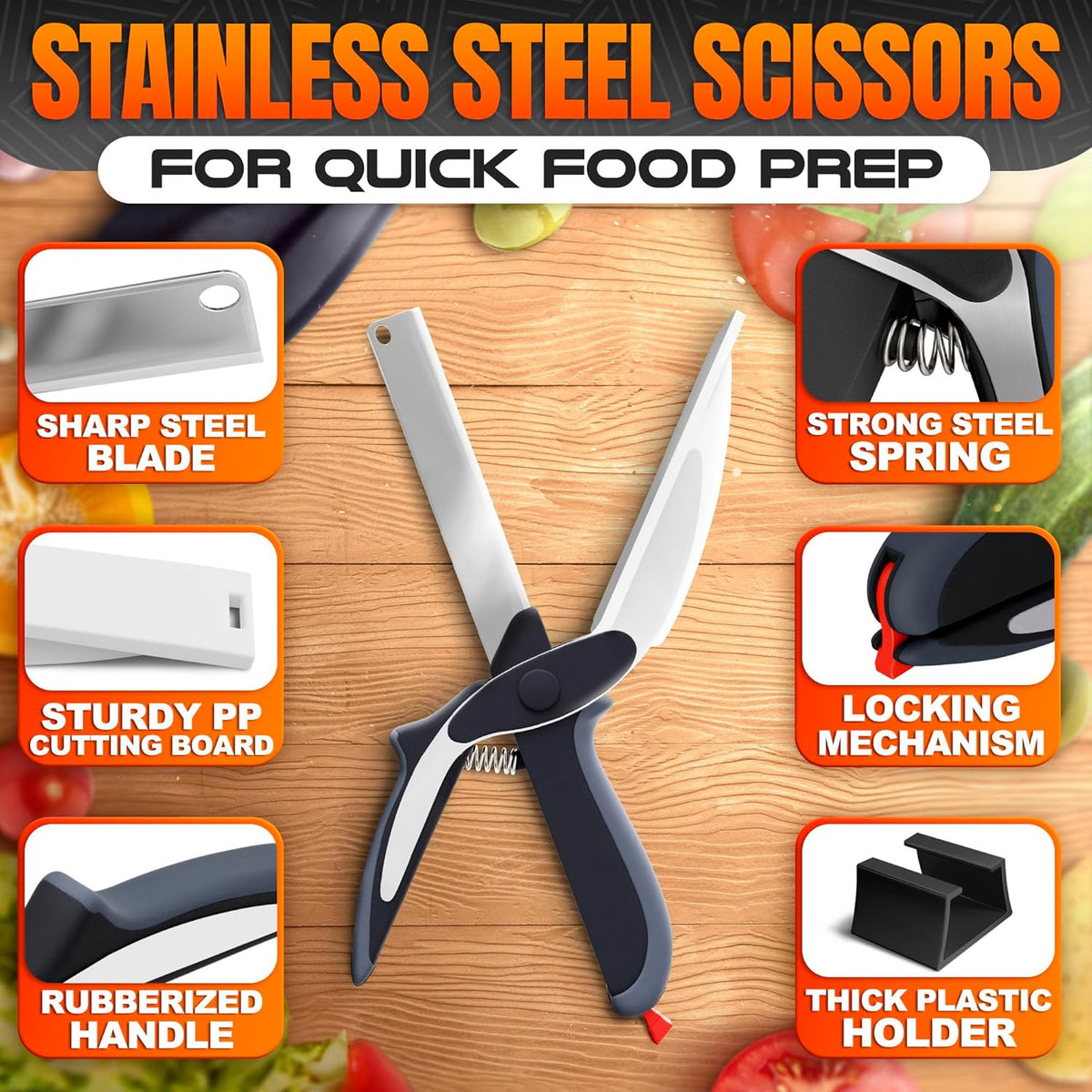 Cutting Board Scissors for Food with Locking Latch, Safety Lock (Black)