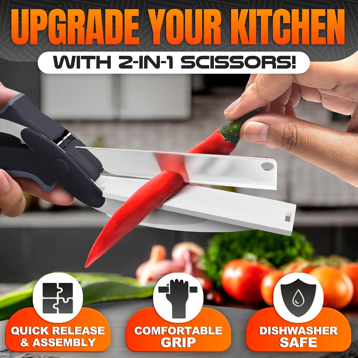 Cutting Board Scissors for Food with Locking Latch, Safety Lock (Black)